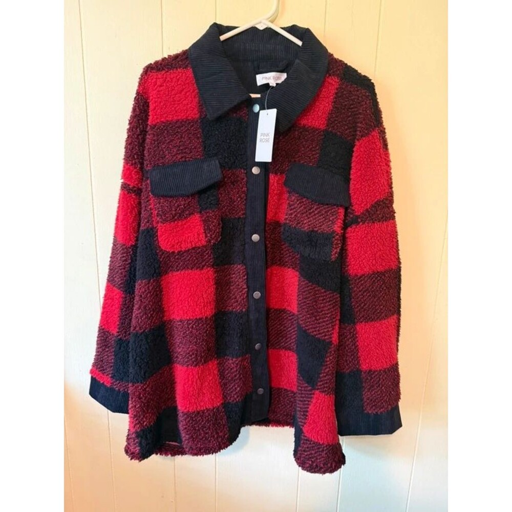 Pink Rose Women’s Buffalo Plaid Soft Sherpa Coat